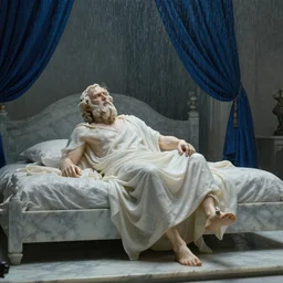 movie still of socrates frozen in a big marble bedroom with blue drapery under the rain, cinestill 8 0 0 t black and white, by andrei tarkovsky, very heavy grain, high quality, high detail, ultra wide lens, sharpness, flares, anamorphic, foggy, mud