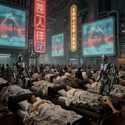 futuristic neon signs in a scene of ( millions of people ) waking up, ( ( robot cyborgs ) ), futuristic oil painting by rembrandt and jeff koonz, ( ( led panel screens and projections ) ), intricate details, ( ultra realistic ), dynamic lighting, ( octane render ), ( ( ( vertical led strip lighting ) ) ), 3 5 mm lens, film grain, ( ( ( highly desaturated ) ) ), ( high contrast )