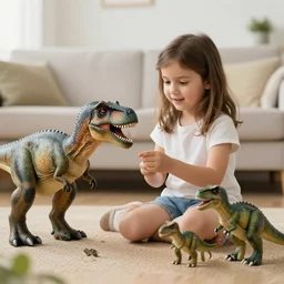 color shot of a young girl playing with her pet dinosaurs, photorealistic,8k, XF IQ4, 150MP, 50mm, F1.4, ISO 200, 1/160s, natural light