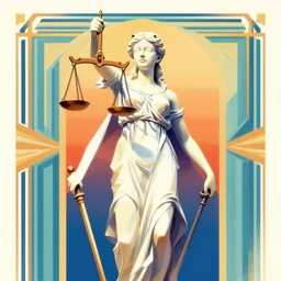 ( ( dither ) ), editorial illustration, statue of lady justice, modern art deco, colorful, ( ( mads berg ) ), christopher balaskas, victo ngairich grainy texture, detailed, dynamic composition, wide angle