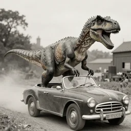 unextincted humanoid dinosaurs driving cars, victorian photo