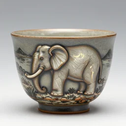 elephant raku tea cup, as elephant, horse hair, cracked and
