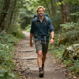 happy blonde english man hiking a beautiful path, fluent composition, concept art, ambient light, 4 k, intricate details, highly professionally detailed, cgsociety, highly detailed -