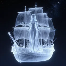 Astral maiden standing on a ghostly ship in a starry realm, detailed semi-transparent ship, trending on artstation
