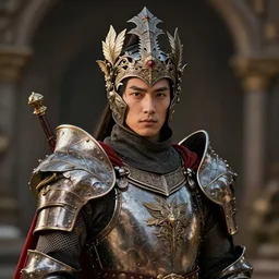 hight focus f - 2 2, 8 5 mm, iso 1 0 : a wonderful realistic focused portrait of knight with a detailed wonderful symmetrical headdress who is dressed with wonderful, majestic, large leaves with red drapes, dramatic light, octane render, artstation, hyperdetailed, ultrarealistic, - 8 k
