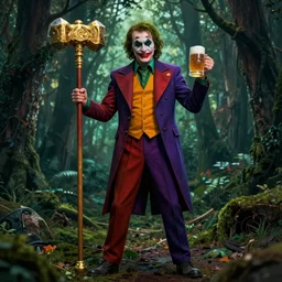 full body portrait robert de niro as medieval joker crazy colorful clothing with a heavy golden mace in his left hand and a beer jug in his right hand, in a dark forest, octane render, trending on artstation, superhighresolution, art by wlop and greg rutkowski, rule of thirds, golden ratio, ambient lighting