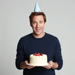 portrait photo still of william h macy holding a small cake, wearing a birthday hat, in front of small boat on fire, 8 k, 8 5 mm f 1. 8