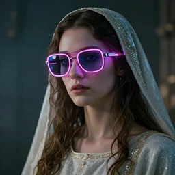 A beautiful portrait of Maria the mother of jesus, neon sunglasses!, cyberpunk, photorealistic, detailed, soft light, (((alphonse mucha))), Masamune Shirow, Andrzej Marszalek, irwin penn, 8k, high definition, cinematic shot