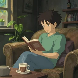 beautiful scene render of a person sitting at a sofa, reading a book, dimly lit bedroom, hot cocoa drink, green plants, perfectly shaded, atmospheric lighting, style of makoto shinkai and peter mohrbacher, studio ghibli. artgerm, karol bak, beeple, animation style, 8 k hd, ultra wide angle, hyper detailed