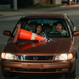 Action shot of an orange construction traffic cone smashing the windshield of a single 1993 brown nissan maxima, screaming passengers inside,  photo realistic, night, photo realistic, depth of field, award winning, cinematic, color graded