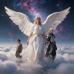 angel aesthetic, nebula gasses in the background up high by Gene Raz Von Edler, elf warrior by Donato Giancola, Cloudscape above the clouds by Adam Paquette, Rendered in Octane, cinematic, Highly Detailed