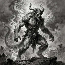 full body, grayscale, Gustave Dore, greg rutkowski, muscled humanoid balrog demon, horns, claws, large horned tail, heroic pose, swirling flames