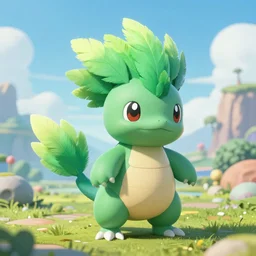 a cute beautiful earth type pokemon, green feathers bursting out of his hair, full body shot, highly detailed digital art, 3 d perspective, award - winning illustration, aesthetic, smooth, pokemon style, made by greg rutkowski, with an alien landscape in the background