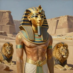 an impressionist painting of Egyptian god Aker, underworld, lion, past and future, east and west, 3d, realistic shading, complimentary colors, earth tone colors, aesthetically pleasing composition, masterpiece, 4k, 8k, ultra realistic, super realistic