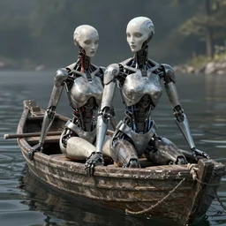 2B nier automata riding a boat, unreal engine render, 4k, trending in artstation, artstationHD, artstationHQ