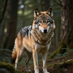 werecreature consisting of a human and wolf, photograph captured in a forest