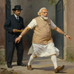 neoclassical portrait of stoned tripping narendra modi as a watchman, gatekeeper, by jacques - louis david, by greg rutkowski, by zdzisław beksinski, trending on artstation, featured on pixiv, masterpiece, oil on canvas, cinematic composition, beautiful lighting,