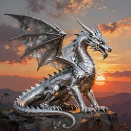silver dragon, painting by greg rutkowski, sunset, stunning.