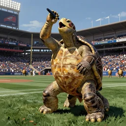 turtle singing national anthem at chicago cubs game, by normal rockwell