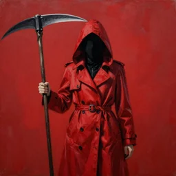 a painting of a Red hooded trench coat person holding a scythe in a red background.