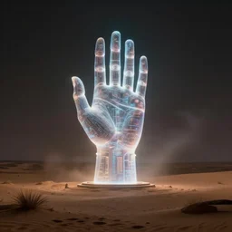 sci-fi scene of a holographic hand-shaped monolith glowing in the center of a dark oasis in the desert, atmospheric, mysterious, mist, high detail, concept art, by syd mead and roger deakins