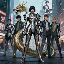 portrait of one full body girl metal armor and metal chines dragon in tokyo city by gaston bussiere, anna nikonova aka newmilky, greg rutkowski, yoji shinkawa, yoshitaka amano, moebius, donato giancola, geoffroy thoorens, trending on artstation, featured on pixiv, cinematic composition, 8 k