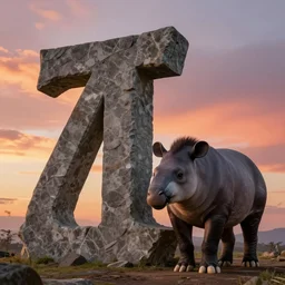 a giant stone statue of the lambda symbol, a tapir standing next by, epic sunset skies in the background, highly detailed digital art by jazza