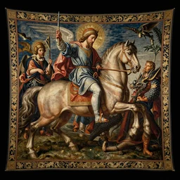 black background, a glorious painting of st. michael riding a horse and piercing a dragons head with a spear, greg rutowski, rich flowing tapestries, insane detail, raphael, strong composition, perfect lighting, cinematic, low angle, very high aperture, gorgeous colors, volumetric lighting, subsurface scattering, rule of thirds, depth of field