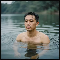 A wet-collodion portrait of a man who is in a lake, half of his body is submerged while the other half is above the water, calming, serene, peaceful