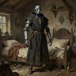 classic oil painting, a robot that is wearing medieval robes, as a dnd character, inside a cluttered bedroom, cottagecore, highly detailed, digital illustration, concept art, smooth, sharp focus, art by tim hildebrandt, and greg hildebrandt