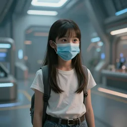 big budget scifi movie set in futuristic worldcute girl in covid mask