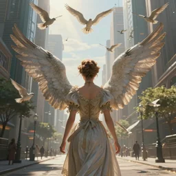portrait of a winged victorian lady with wingsnsurrounded by flying birds in a futuristic city, from behind, streets, angels in the sky, sunlight and rays of light shining through trees, tall buildings on the sides, beautiful, solarpunk!!!, highly detailed, digital painting