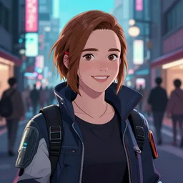 a young mackenzie foye smiling portrait in cyberpunk clothes, detailed face, in a tokyo street, trending on artstation, by dan mumford, yusuke murata, makoto shinkai, ross tran, cel shaded