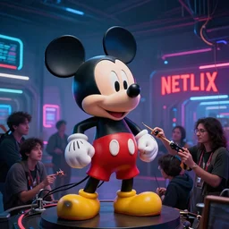 the close shot of a group of people repairing the statue of mickey mouse!!!!!!!!! in hangar room, a netflix logo!!!!!!!! on the background, cyberpunk art by syd mead, cgsociety, retrofuturism, concept art, neon light, 1 8 mm lens