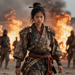 detailed ultrarealistic photography of rustic robust street warrior japanese girl, greg rutkowski, greg hildebrandt burningman cinematic, full shot