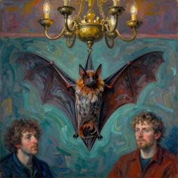 a bat hanging from a chandelier by rembrandt and konstantin razumov, melancholy, psychedelic!, beautiful composition, vibrant colors, masterpiece
