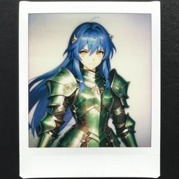 polaroid photography of a female paladin, green armor, blue hair, yellow eyes, white skin, beautiful, cute, badass, by rossdraws, ralph horsley, pixiv, instagram, old quality