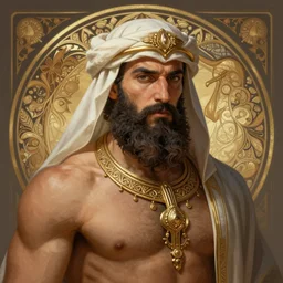 Portrait of bedouin D&D, muscular, fantasy, intricate, elegant, thick beard highly detailed, digital painting, artstation, concept art, smooth, sharp focus, illustration, art by artgerm and greg rutkowski and alphonse mucha