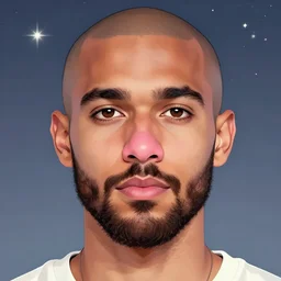 very detailed portrait of a skater yogi american man in his mid twenties, boyish style, oval shaped face, very short!!!!!!!!!!!!!!!!!! beard, ( ( deep hazel eyes ) ), strong round!!! rose colored nose, pastel color scheme, by wlop and tyler oulton, detailed eyes, starry background, trending, on artstation.