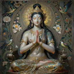 breathtaking detailed concept art painting art deco pattern a beautiful devi goddess with shinny skin on sitted on an intricate metal throne, hands pressed together in bow, light - flowers with kind piercing eyes and blend of flowers and birds, by hsiao - ron cheng and john james audubon, bizarre compositions, exquisite detail, extremely moody lighting, 8 k h 1 0 2 4