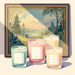 illustration with a set of beautiful scented candles, an art deco painting by tom whalen, trending on behance, art deco, digital illustration, storybook illustration, grainy texture, flat shading, vector art, airbrush, pastel, watercolor, poster