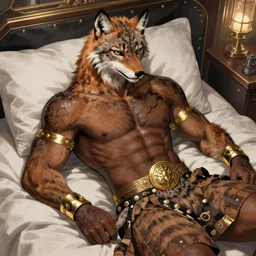 highly detailed, black male anthro - lynx, human with head of lynx, with hair like fabio, facial scar, hairy masculine gigachad, muscular, wearing kilt and gold armbands, fur texture, lounging on bed aboard the nostromo, trending on artstation, romance novel,