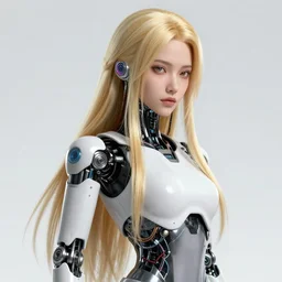 highly detailed portrait of a hopeful post - cyberpunk long blonde haired android lady with robotic limbs, stray wiring by atey ghailan, james gilleard, by joe fenton, by greg rutkowski, by greg tocchini, by kaws, by kate beaton, by kaethe butcher, 4 k resolution, nier : automata inspired, bravely default inspired, gradient blue, black and white color scheme!!! ( ( graffiti tag wall background ) )