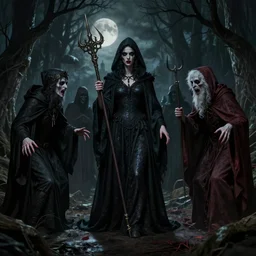 The night of the 5 murderous sorcerers, horror scene, highly detailded. By Rembrandt and artstation trending