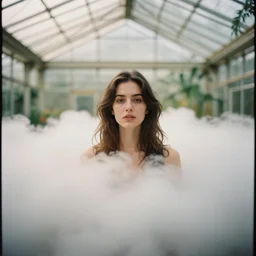 analog portrait photography of a beautiful woman inside a greenhouse full of clouds by mark owen. vogue. kodak portra. bokeh!! detailed. hq. warm light. muted colors. f / 1. 2, symmetrical balance, in - frame
