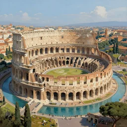 a colosseum like arena with it's central arena part surrounded by water, view from the sky, detailed painting, 8 k