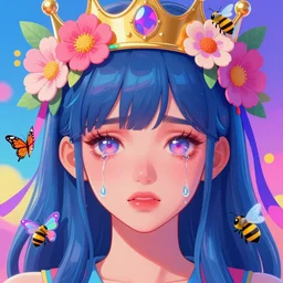 adam and ever, intense eyes, tears running down, crying, vaporwave aesthetic, synthwave, colorful, psychedelic, crown, flowers, bees, butterflies, ribbons, ornate, intricate, digital painting, artstation, concept art, smooth, sharp focus, illustration, art by artgerm and greg rutkowski and alphonse mucha