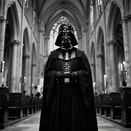 darth vader as a priest in a gothic cathedral, award - winning documentary photograph, cinestill 8 0 0 t 3 5 mm b & w, heavy grain, high quality, noir, natural textures, photorealistic, ambient occlusion, hd, ultra wide lens, anamorphic