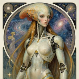 detailed realistic beautiful young cher alien robot as queen of andromeda galaxy portrait by jean delville, gustave dore and marco mazzoni, art nouveau, symbolist, visionary, baroque giant fractal details. horizontal symmetry by zdzisław beksinski, iris van herpen, raymond swanland and alphonse mucha. highly detailed, hyper - real, beautiful