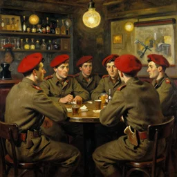 red berets soldiers inside of a pub, painting by toulouse - lautrec, cinematic, award winning